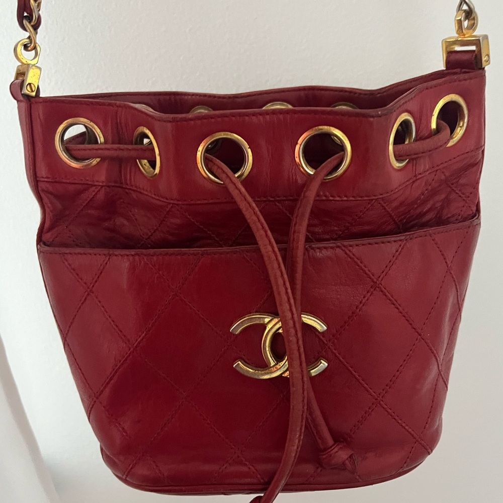 Vintage 80’s Chanel Red Quilted Bucket Bag with Gold Hardware